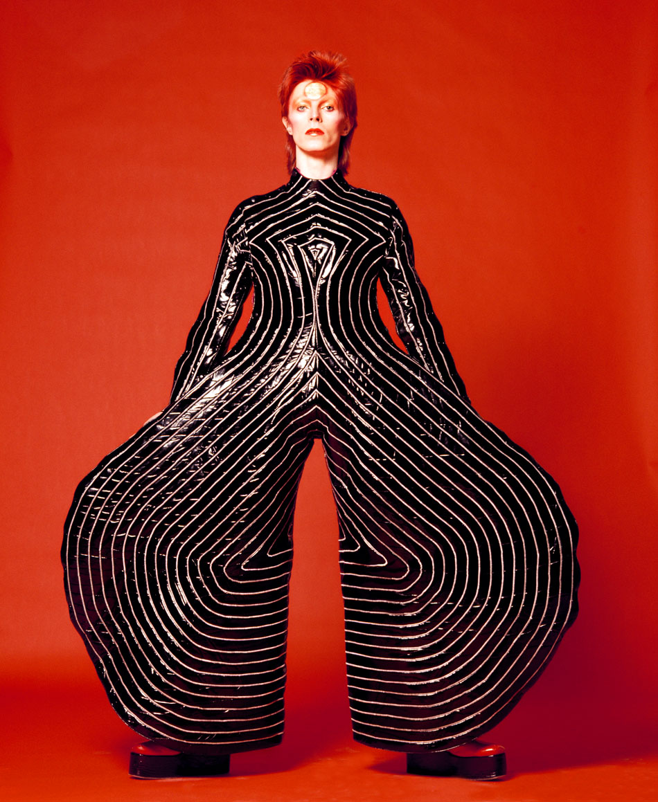 Striped bodysuit for Aladdin Sane tour 1973  Design by Kansai Yamamoto  Photograph by Masayoshi Sukita /Courtesy of The David Bowie Archive 2012