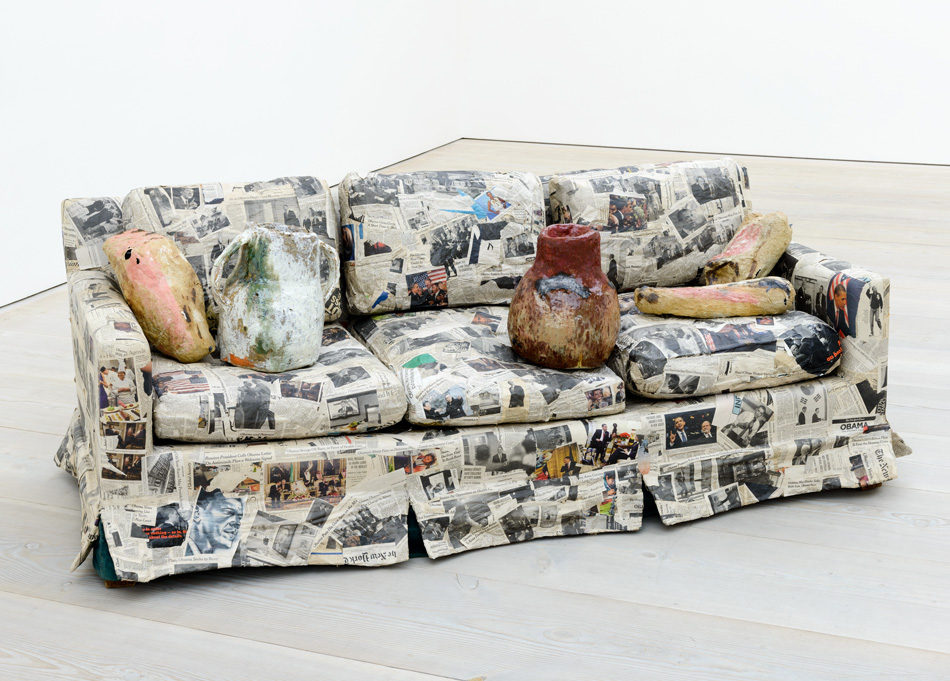 Jessica Jackson Hutchins Couch For A Long Time 2009 Couch, newspaper, ceramic 73.7 x 193 x 90.2 cm © Sam Drake, 2013 Image courtesy of the Saatchi Gallery, London