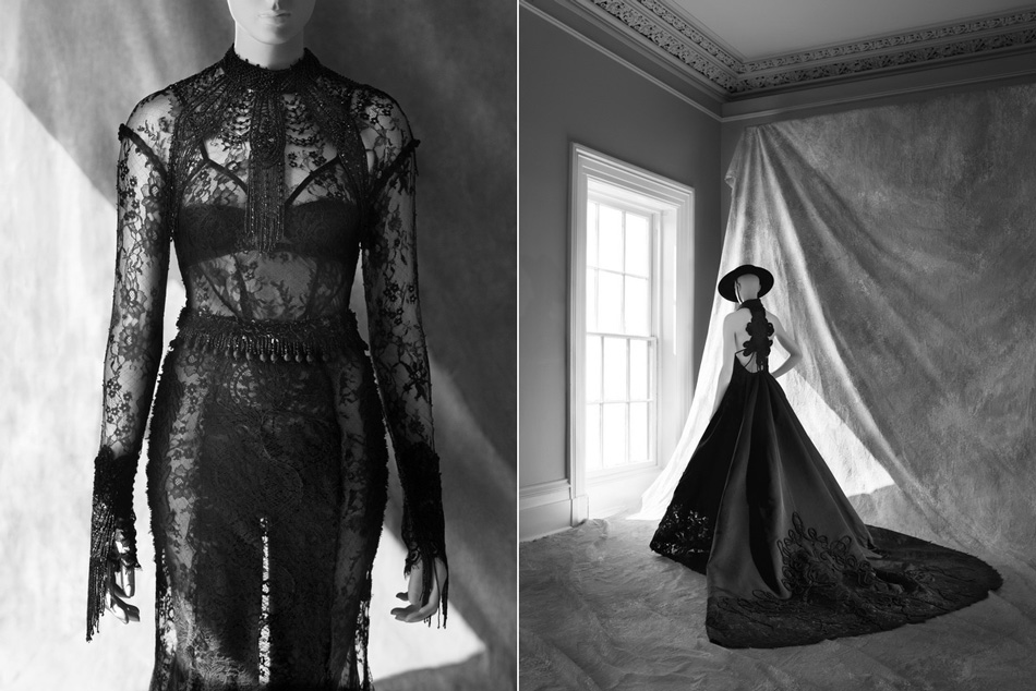 Left: Tom Ford, dress. Chantilly lace with jet beading ; fall/winter 2011. Credit: Courtesy of Tom Ford, London. Right: Chado Ralph Rucci, gros de Londres “Infanta” dress. Silk with chenille embroidery; fall/winter haute couture 2006. Credit: Courtesy of Chado Ralph Rucci, New York.
