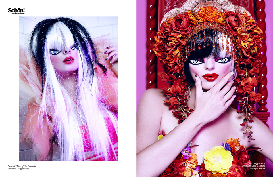 Photography by Alexander LeKing Left: Swimsuit / Haus of Pink Lemonaid, Tulle Shoulders / Maggie Barry Right: Bra / Maggie Barry, Headpiece / Miss G Designs, Earrings / Tebazile