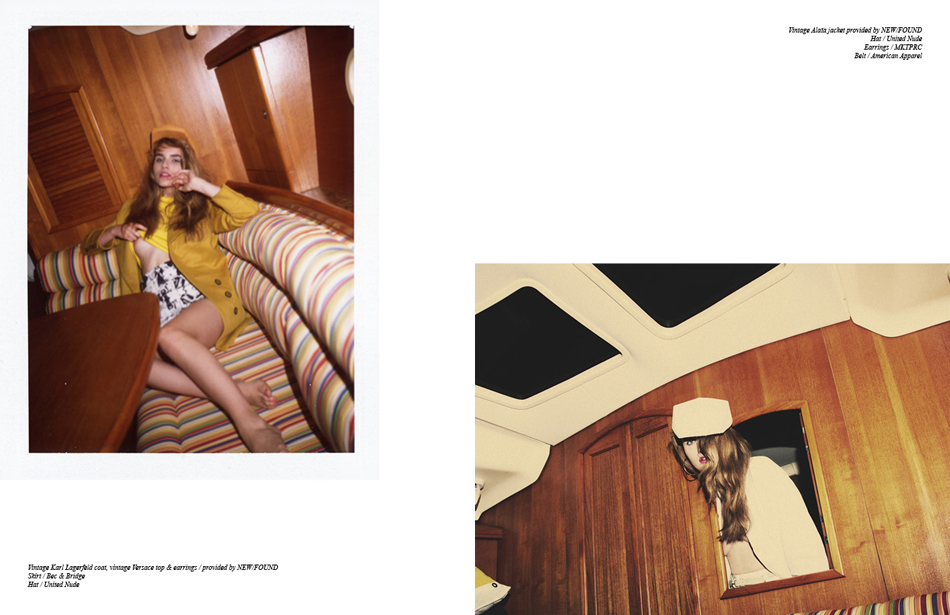 Left: Vintage Karl Lagerfeld coat, vintage Versace top & earrings / provided by NEW/FOUND, Skirt / Bec & Bridge, Hat / United Nude Right: Vintage Alaïa jacket provided by NEW/FOUND, Hat / United Nude, Earrings / MKTPRC, Belt / American Appare