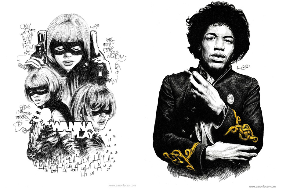 Portraits of Hit-Girl and Jimi Hendrix by Aaron Facey