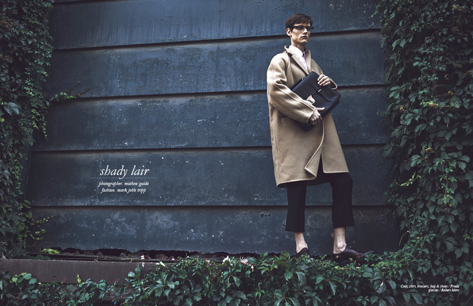 Coat, shirt, trousers, bag & shoes / Prada glasses / Robert Marc