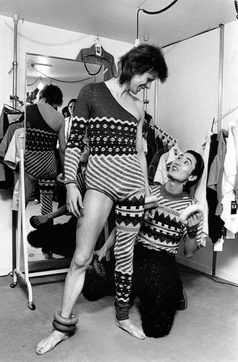 Asymmetric knitted bodysuit, 1973 Designed by Kansai Yamamoto for the Aladdin Sane tour /  Photograph by Masayoshi Sukita © Sukita The David Bowie Archive 2012