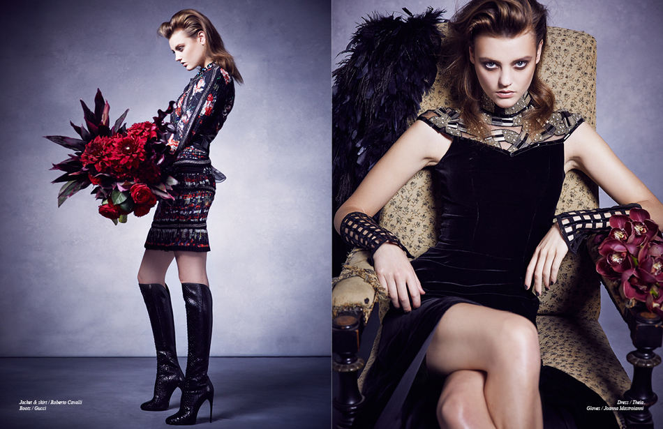 Left Jacket & skirt / Roberto Cavalli Boots / Gucci Right Dress / Theia Gloves / Joanna Mastroianni