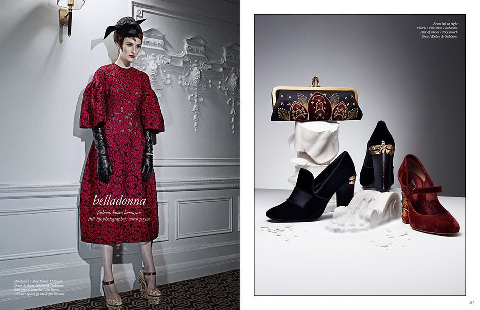 Left Headpiece / Jane Taylor Millinery Dress & shoes / Dolce & Gabbana Earrings & bracelet / De Beers Gloves / Gucci @ net-a-porter.com Right From left to right Clutch / Christian Louboutin Pair of shoes / Tory Burch Shoe / Dolce & Gabbana