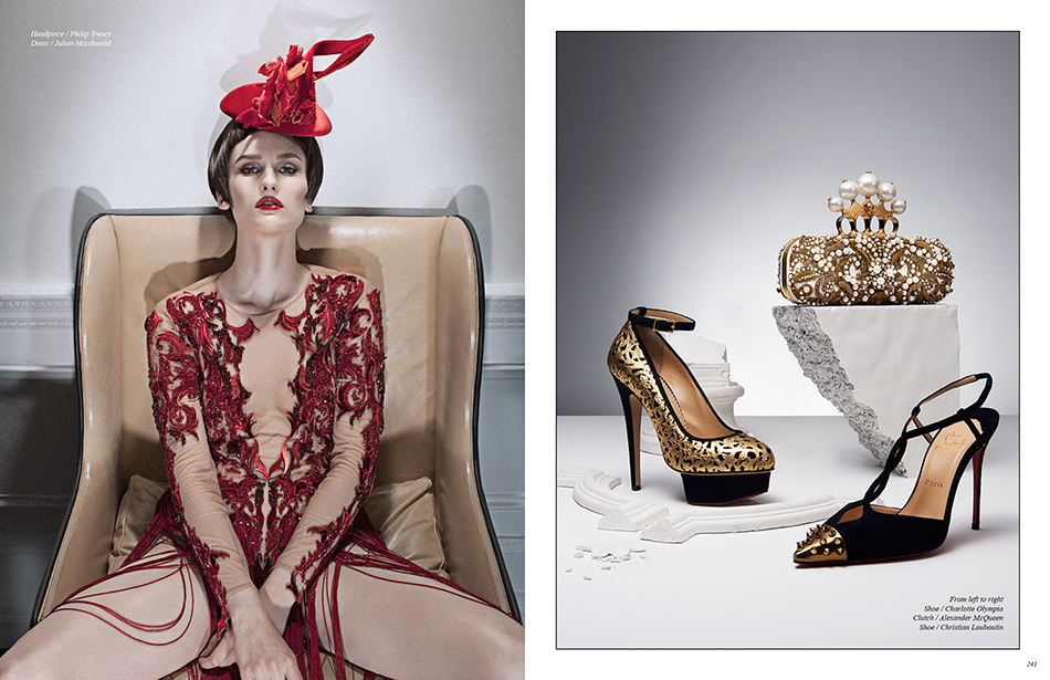 Left Headpiece / Philip Treacy Dress / Julien Macdonald Right From left to right Shoe / Charlotte Olympia Clutch / Alexander McQueen Shoe / Christian Louboutin