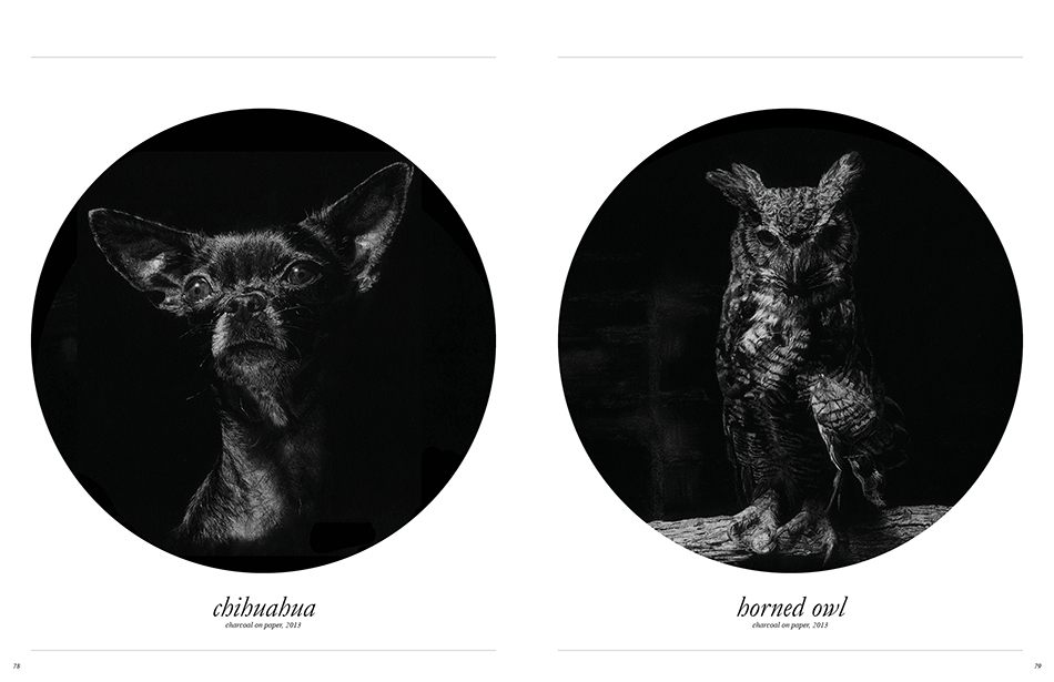 Chihuahua charcoal on paper, 2013/ Horned Owl charcoal on paper, 2013