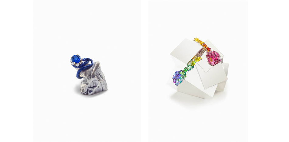 Left: Lunae Lumen Satine Baby Blue, 2013; Right: Vitam Industria Abstract Multi Candy (Earrings), 2013 a