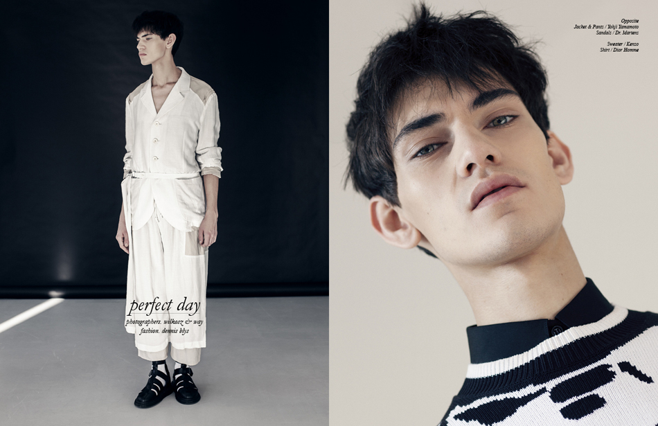 Left Jacket & Pants / Yohji Yamamoto Sandals / Dr. Martens Right Sweater / Kenzo Shirt / Dior Homme
