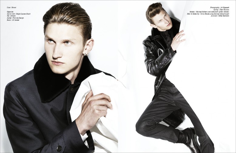 Left ￼￼Coat / Brioni Right Suit & shirt / Ralph Lauren Black Tie / Armani Jacket / Porsche Design Boots / Jil Sander