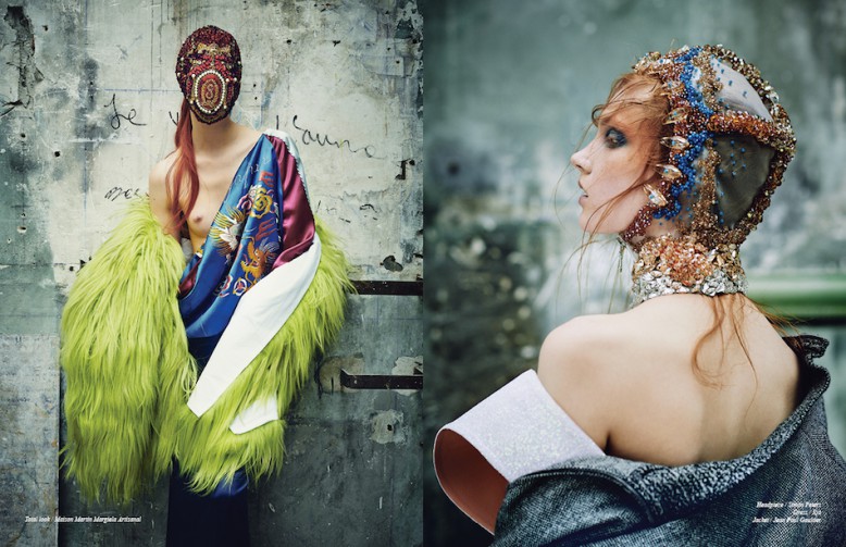 Total look / Maison Martin Margiela Artisanal Opposite Headpiece / Simon Peters  Dress / Ilja  Jacket / Jean Paul Gaultier