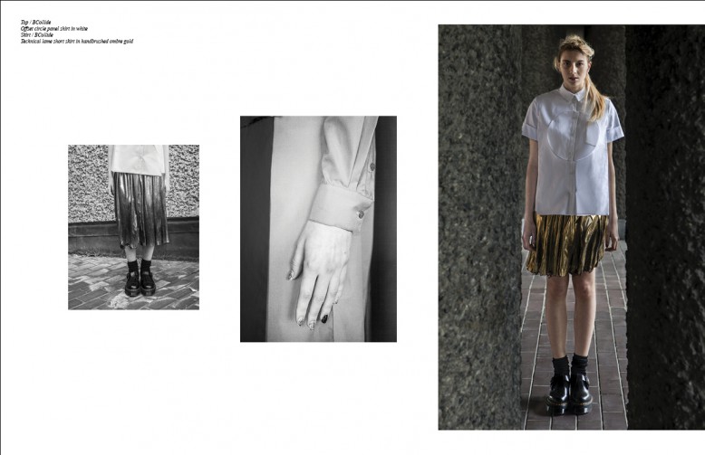 ￼Top / BCollide Offset circle panel shirt in white Skirt / BCollide Technical lame short skirt in handbrushed ombre gold