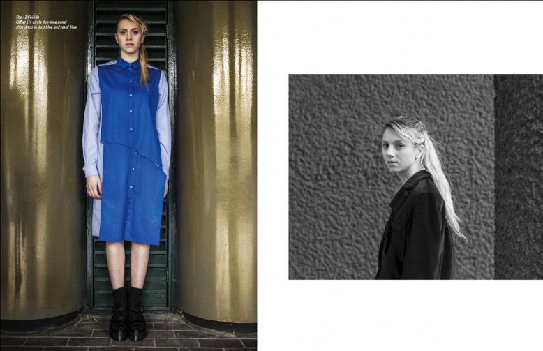 ￼Top / BCollide Offset 1/4 circle duo-tone panel shirt-dress in dust blue and royal blue