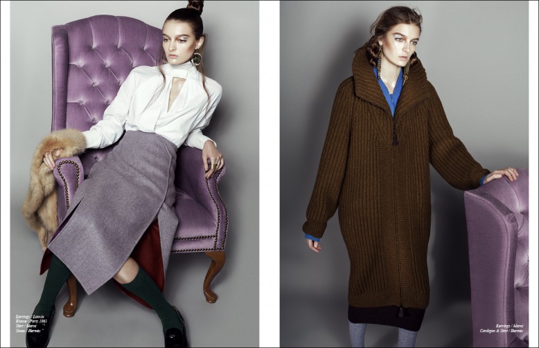 Left to Right Blouse / Ports 1961 Skirt / Marni  Earrings / Marni  Shoes / Hermès Opposite ￼￼Earrings / Lanvin Cardigan & Skirt / Hermès