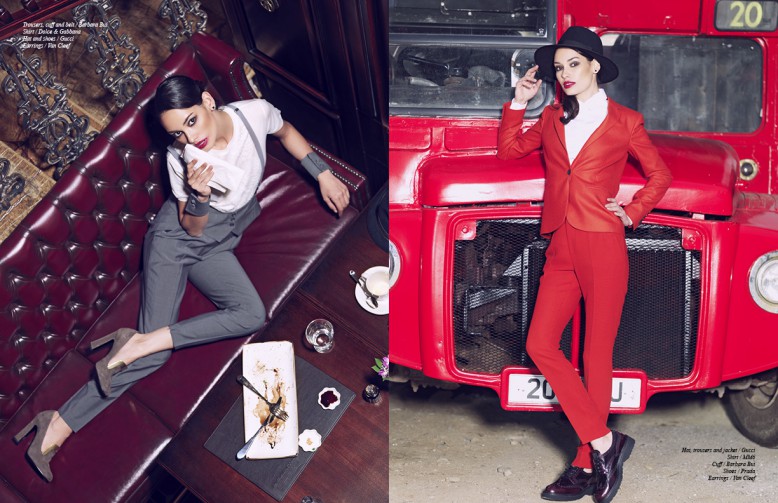 Left to Right  Trousers, cuff and belt / Barbara Bui  Shirt / Dolce & Gabbana Hat and shoes / Gucci Earrings / Van Cleef Opposite Hat, trousers and jacket / Gucci  Shirt / MM6  Cuff / Barbara Bui  Shoes / Prada  Earrings / Van Cleef