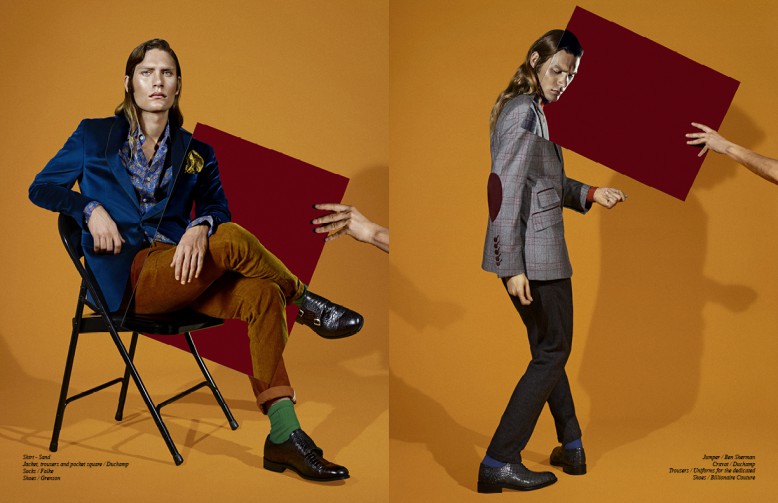 Left to Right/ ￼￼Shirt - Sand Jacket, trousers and pocket square / Duchamp  Socks / Falke Shoes / Grenson Opposite Jumper / Ben Sherman Cravat / Duchamp  Trousers / Uniforms for the dedicated Shoes / Billionaire Couture