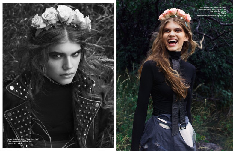 Left/ Jacket with Studs / Diesel Black Gold T-Shirt around waist / TK Collections Cup Polo Bra / BACK Right/ Belt (worn as tie) / Diesel Black Gold T-Shirt (worn around waist) / Stylist's Own Tulle Skirt / Ida Sjöstedt Top / BACK Headband with added roses / Stylist's Own