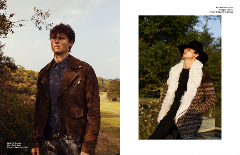 Left to Right/ Jacket / A. Sauvage Shirt / Hardy Amies Trousers / Diesel Black Gold Opposite Hat / Barbara Casasola Cardigan / Missoni Sweater Trousers / A. Sauvage