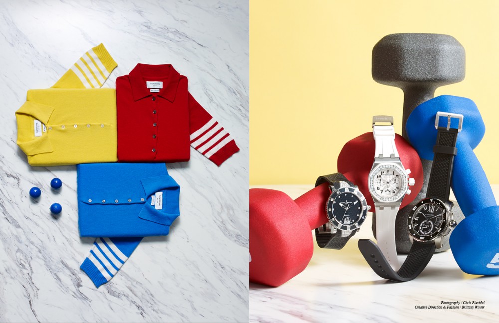 Jumpers / Thom Browne Opposite From left to right Ulysse Nardin Women Diver Watch Audemars Piguet Offshore Watch with Diamonds Cartier Men’s Diver Watch