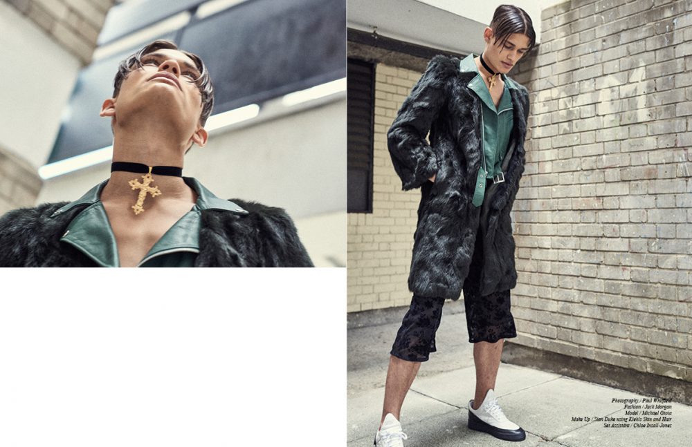 Green Leather and Faux Fur Coat / Toga Pulla Cross Choker / Baroque Opposite Black Culottes / Fun Affair Trainers (Menswear) / Filling Pieces