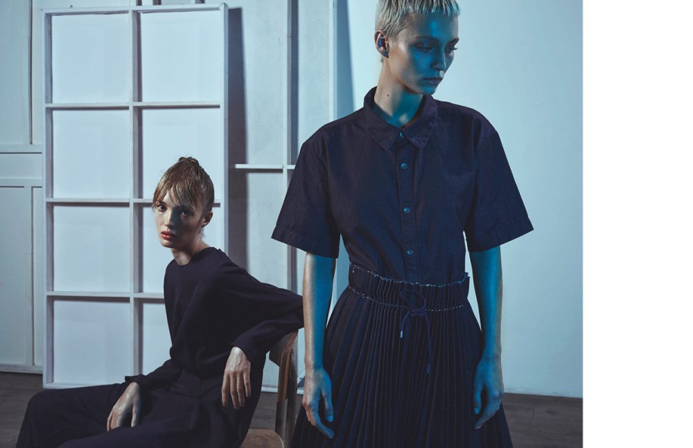 From left to right Ema wears Jumpsuit / Lanvin Alex wears Top / A.P.C. Skirt / Olya Kosterina