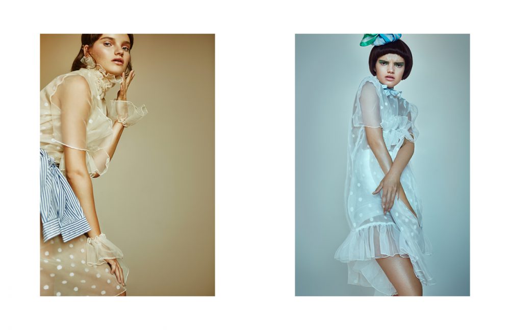 Dress & cuffs / Nadia Sultana Shirt / Stylist’s Own  Opposite Headpiece / Laura Apsit Livens Dress / Nadia Sultana