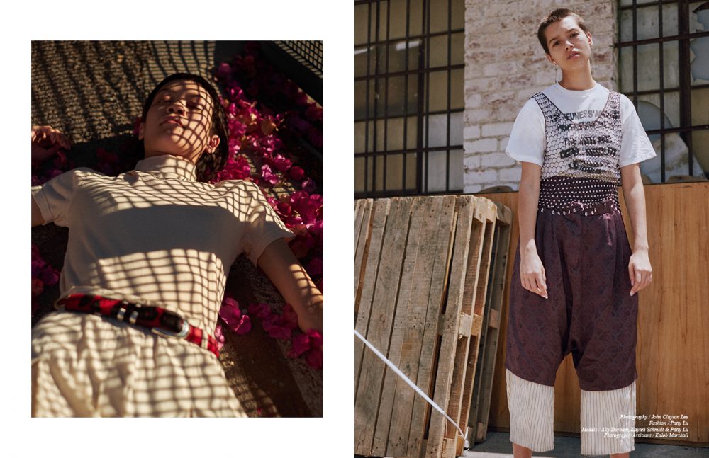 T-Shirt / Jacquemus  Necklace / Stylist’s own  Trousers / Vintage Opposite T- Shirt / Supreme (vintage) - the youth are getting restless Top / Vintage Silk Shorts / Dries Van Noten (vintage)  Trousers / caron callahan Earring / Shikama