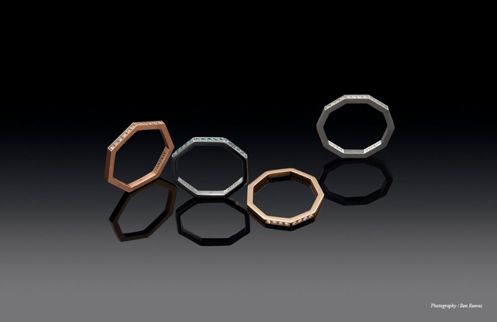 Anfray & Anfray / Heptagon Ring - Red Gold White Diamonds Octagon Ring - White Gold Blue Diamonds Nonagon Ring - Red Gold White Diamonds Decagon Ring - White Gold White Diamonds