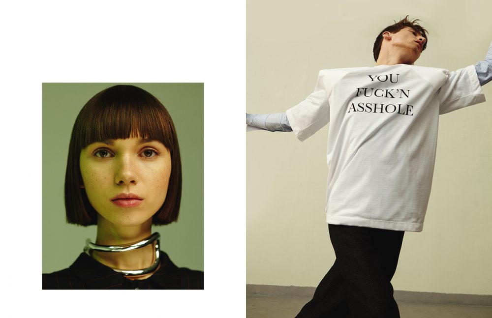 Angie wears Necklace / MM6 Blazer / Dramat Opposite Anatol wears T-Shirt / Vetements (vitkac.com) Shirt / Hugo Boss Trousers / COS
