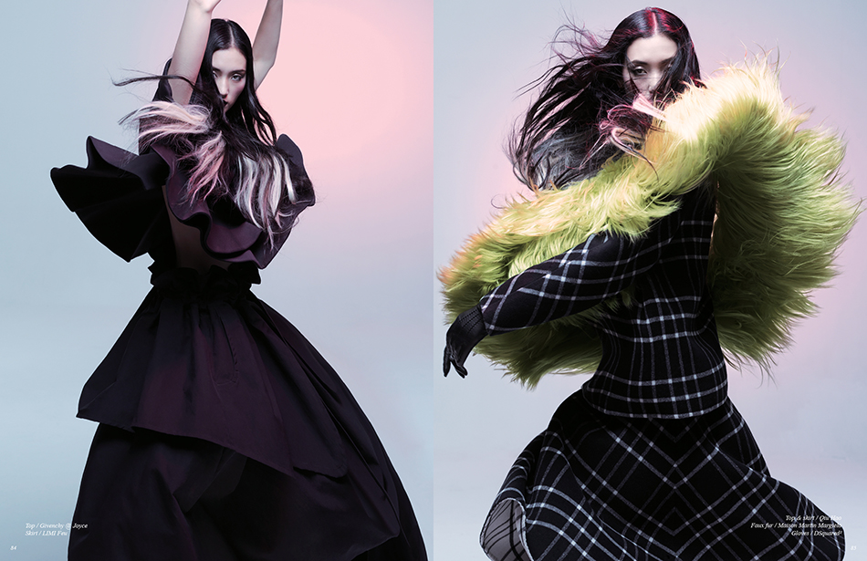 Left Top / Givenchy @ Joyce Skirt / Limi Feu Right Top & skirt / Qiu Hao Faux fur / Maison Martin Margiela Gloves / DSquared²