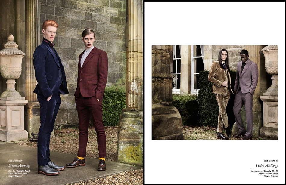 Left Suits & shirts by Helen Anthony Bow Tie / Bespoke Way 21 Socks / Richard James Shoes / Grenson Right Suits & shirts by Helen Anthony Neck scarves / Bespoke Way 21 Socks / Richard James Shoes / Grenson