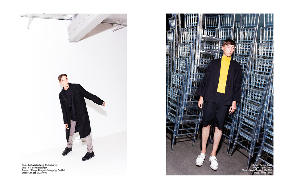 Left Coat / Raphael Hauber @ Weltenbuerger Shirt / W/// by Weltenbuerger Trousers / Vintage Kazuyuki Kumagai @ The Well Shoes / Con-App @ The Well Right Jacket / Desiree Klein Jumper / Stylist’s own Shorts / Second Layer @ The Well Shoes / Model’s own