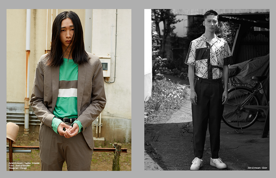 Left ￼Jacket & trousers / Stephan Schneider  T-shirt / Band of Outsiders Vintage belt / Chicago Right ￼￼Shirt & trousers / Kolor