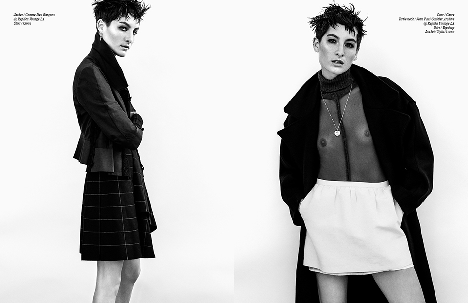 Left ￼￼Jacket / Comme Des Garçons @ Replika Vintage LA Skirt / Cerre Right Coat / Cerre Turtle neck / Jean Paul Gaultier Archive @ Replika Vintage LA Skirt / Topshop Locket / Stylist's own