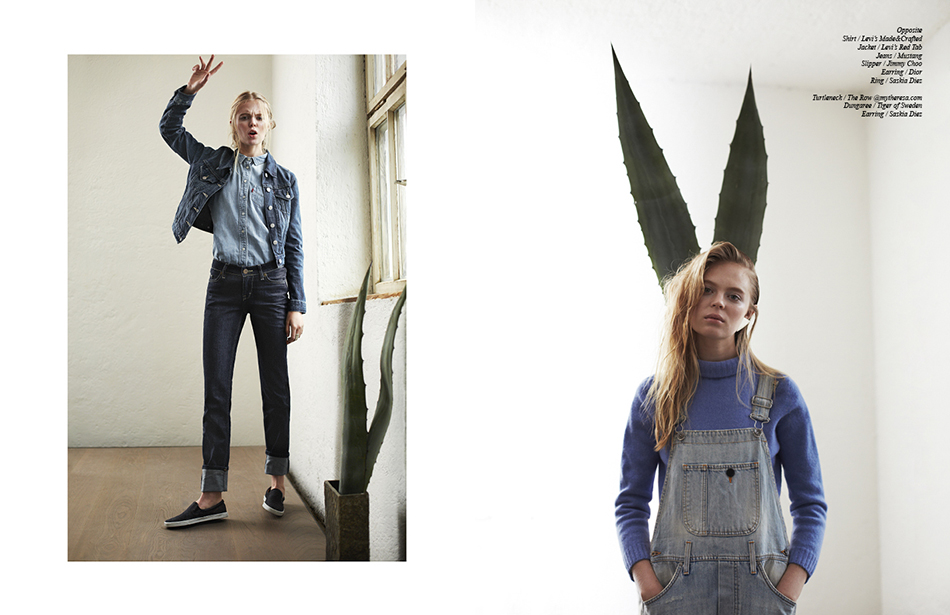 Left Shirt / Levi’s Made&Crafted Jacket / Levi’s Red Tab Jeans / Mustang Slipper / Jimmy Choo Earring / Dior  Ring / Saskia Diez Right Turtleneck / The Row @mytheresa.com Dungaree / Tiger of Sweden Earring / Saskia Diez
