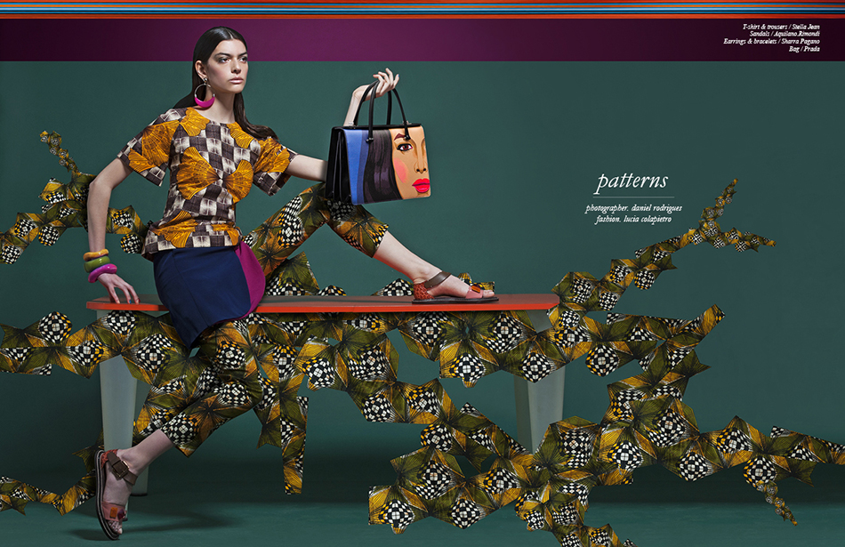T-shirt & trousers / Stella Jean  Sandals / Aquilano.Rimondi Earrings & bracelets / Sharra Pagano  Bag / Prada
