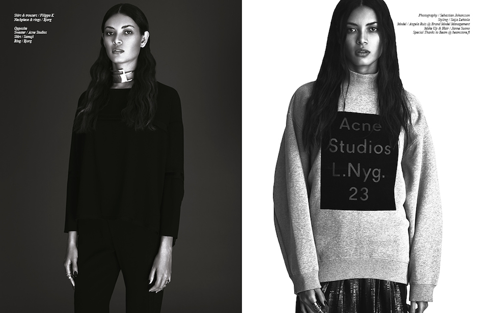 Left ￼￼Shirt & trousers / Filippa K  Neckpiece & rings / Bjorg Right Sweater / Acne Studios  Skirt / Samuji Ring / Bjorg