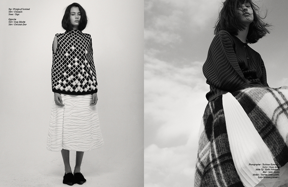 Left ￼￼Top / Pringle of Scotland Skirt / Chalayan Shoes / Toga Right Shirt / Issey Miyake  Skirt / Christian Dior