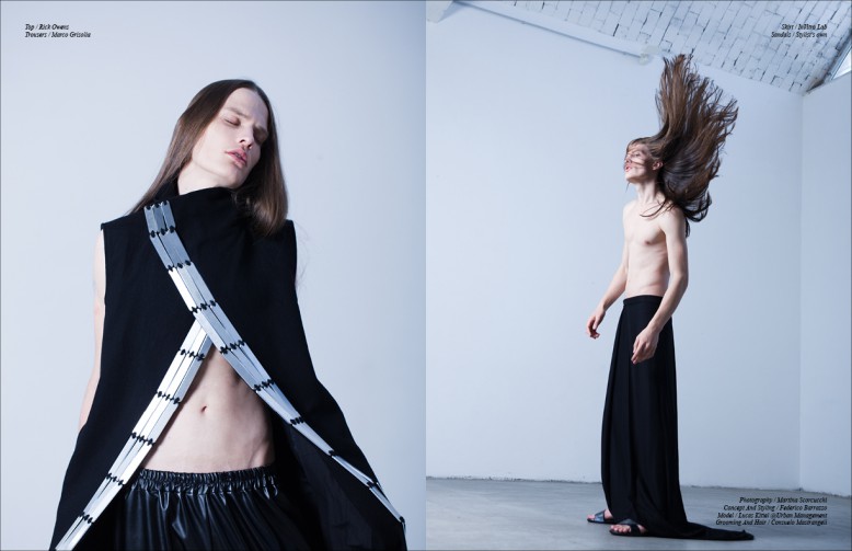 Top / Rick Owens Trousers / Marco Grisolia Opposite Skirt / InVitro Lab