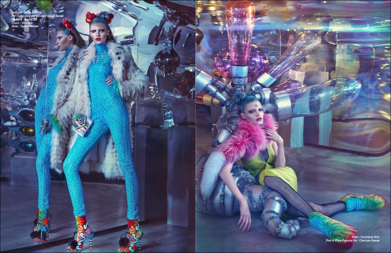 Left to Right/ Bodysuit / Betsey Johnson Fur Coat / Alice and Olivia by Stacey Bendet  Necklace / Bauble Bar Clutch / Shourouk Shoes / Sophia Webster Opposite Dress / Cushnie et Ochs Pink & White Popsicle Fur / Charlotte Simone