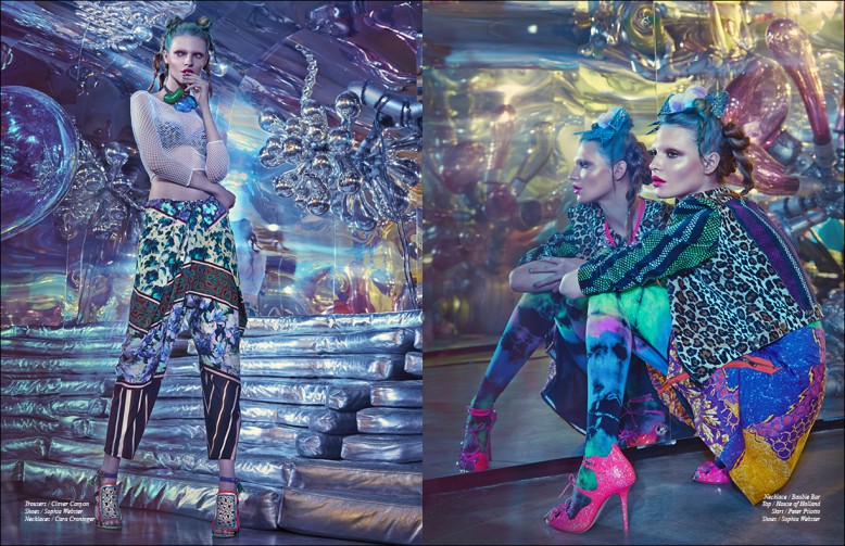 Left to Right/ T￼￼rousers / Clover Canyon Shoes / Sophia Webster Necklaces / Cara Croninger Opposite Necklace / Bauble Bar Top / House of Holland Skirt / Peter Pilotto Shoes / Sophia Webster