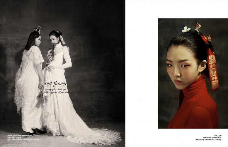 Left to Right/ Dresses / Love Sisters Wedding Korea Shoes / Park Sulnyeo Sinju's head accessory / Minwhee Art & Jewelry Opposite Shirt / Asfit  Hair ribbon / Park Sulnyeo Hair jewelry / Minwhee Art & Jewelry