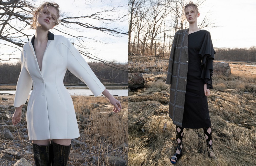 Full look / Kenzo Opposite ￼ Dress / Rosie Assoulin Coat / Shih-Hsun Lee Sandals / Kenzo