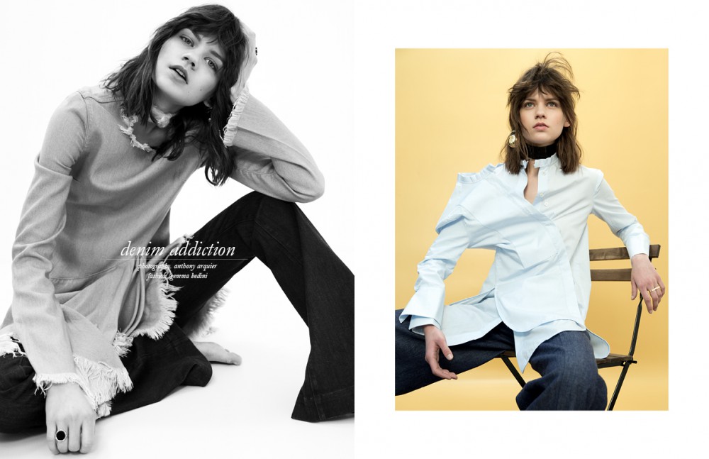 Rings / Ginette NY Dress / Marques Almeida Trousers / Seafarer Opposite Shirt / Ellery Earring / Viveka Bergström Denim Trousers / Martin Grant
