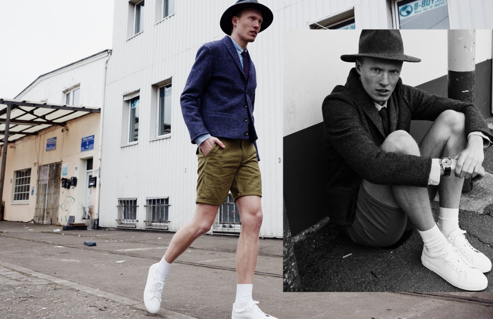 Phillip Wörtmann @ Modelwerk wears Hat / Brixton Shirt / COS Jacket / Herr von Eden Shorts / DRYKORN Socks / FALKE Trainers / COS