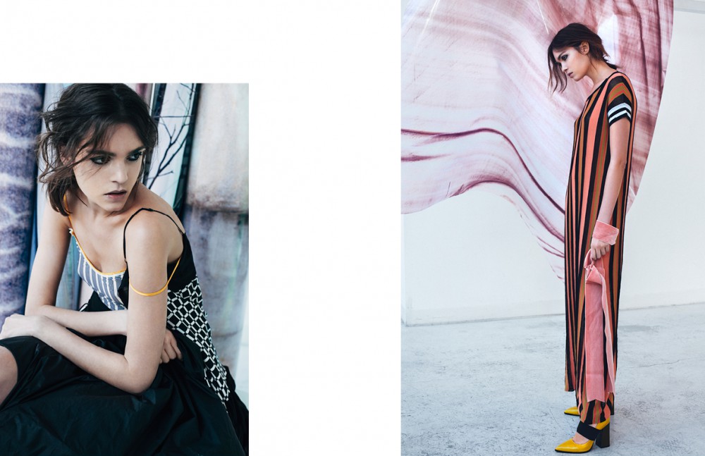 Striped Petticoat / Momoni Printed Dress / I’m Isola Marras by Antonio Marras Opposite Knitted Striped Dress / Jucca Velvet Belt / Alberto Zambelli Shoes / CIVIDINI