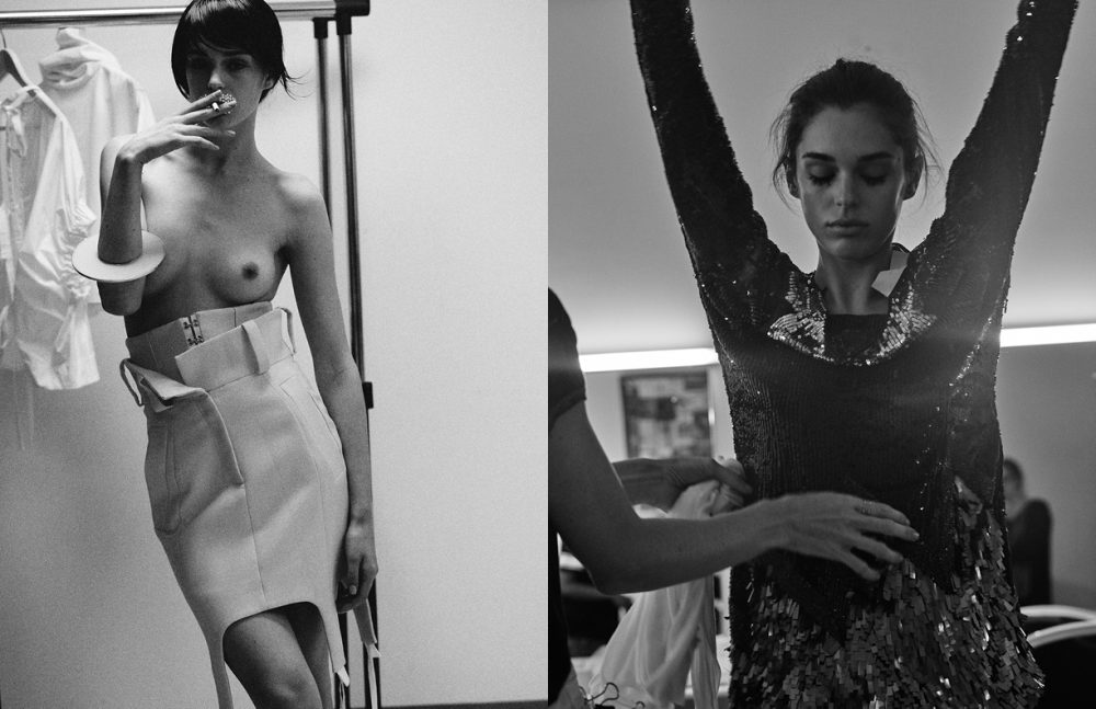 Suspender Skirt / Anne Sofie Madsen at The Cartel. Graphic Bracelet / Sylvio Giardina Shirts hanging / Salvatore Ferragamo (left) & Mashael Alrajhi (right) Opposite Sequin Dress / Elisabetta Franchi