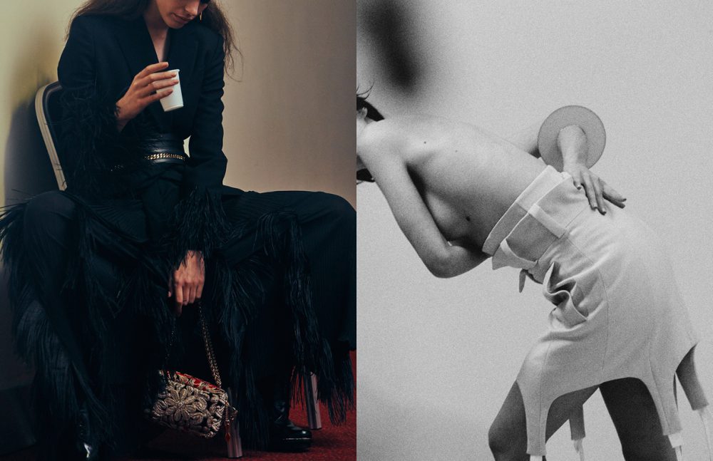 Coat & Skirt / Salvatore Ferragamo Chain Strap & Earring / Fendi Bag / Christian Louboutin Boots & Versace Opposite Suspender Skirt / Anne Sofie Madsen Graphic Bracelet / Sylvio Giardina, both at The Cartel