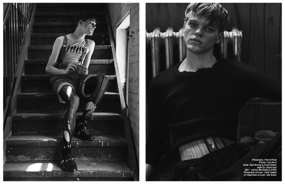 Top / Raf Simons Tank / David Casavant Archive Overalls / Thom Browne Tights / Stylist’s own Slippers / Gucci Opposite Top / Raf Simons Trousers / David Casavant Archive Tights / Stylist’s own